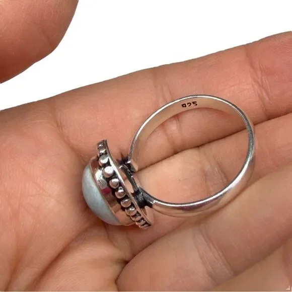 Larimar Ring Size 10 925 Sterling Silver Overlay Natural Stone Blue Oval Boho - Picture 8 of 9